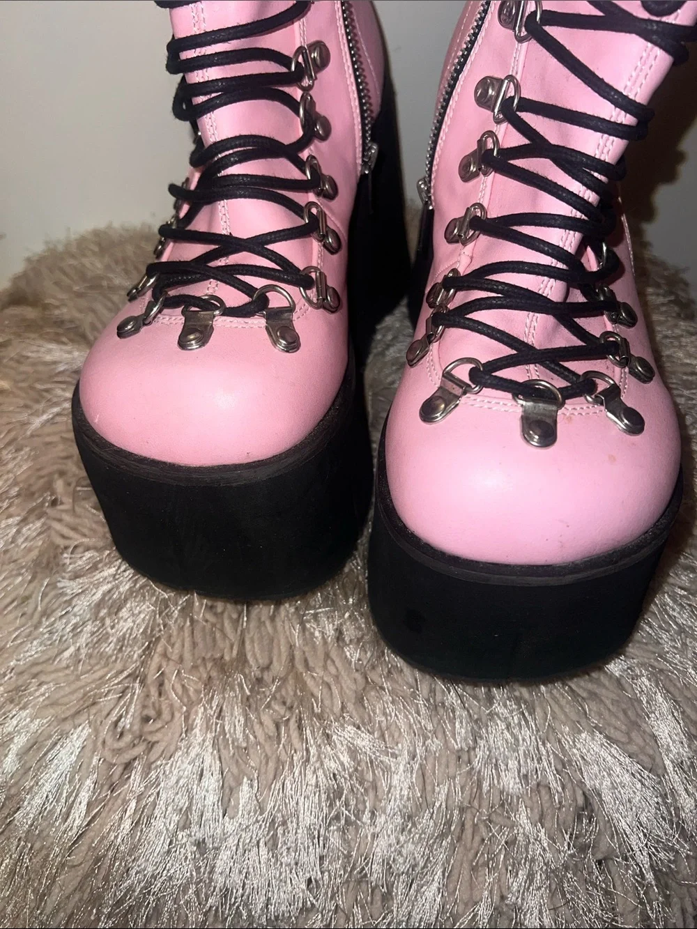Demonia Pink Platform Lace-Up Ankle Boots with Black Soles